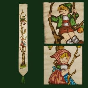 Vtg Hummel Bell Pull Embroidered Wall Hanging Boy Girl Tree Bird Tapestry Tassel